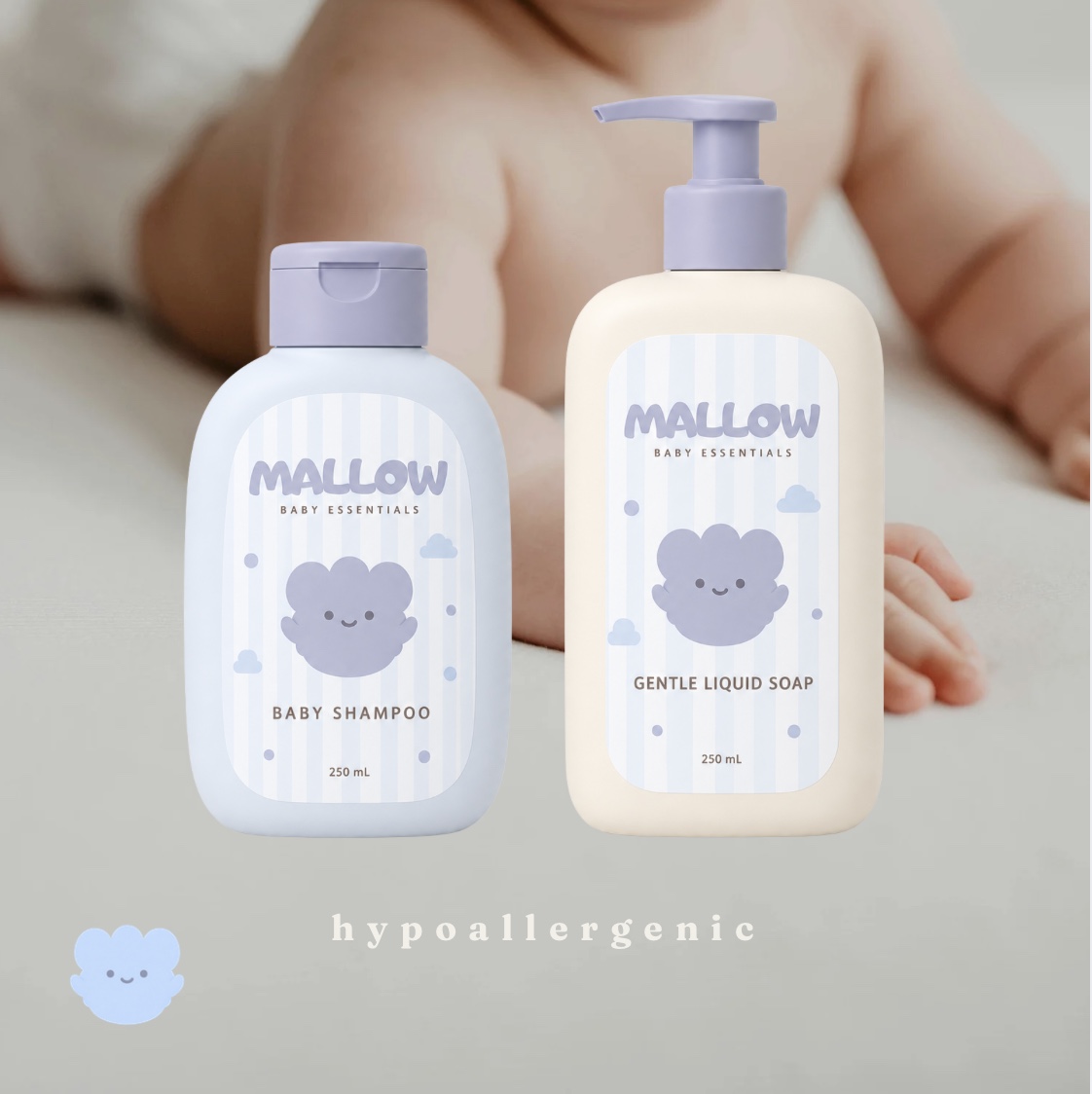 Mallow baby shampoo and gentle liquid soap packaging